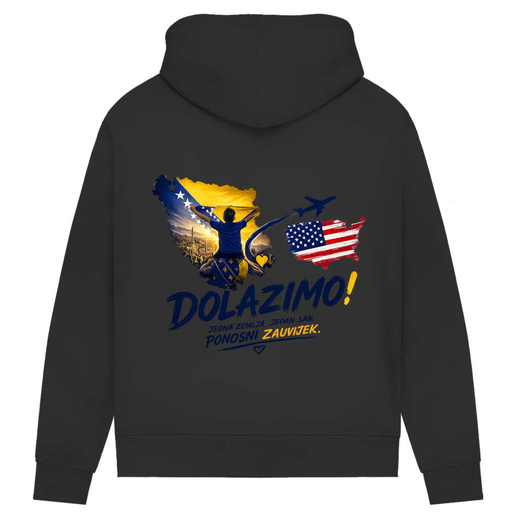 Ženski Premium organski duks – Dolazi Bosna Ponosna | Print na leđima