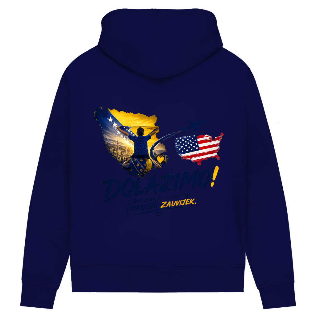 Ženski Premium organski duks – Dolazi Bosna Ponosna | Print na leđima