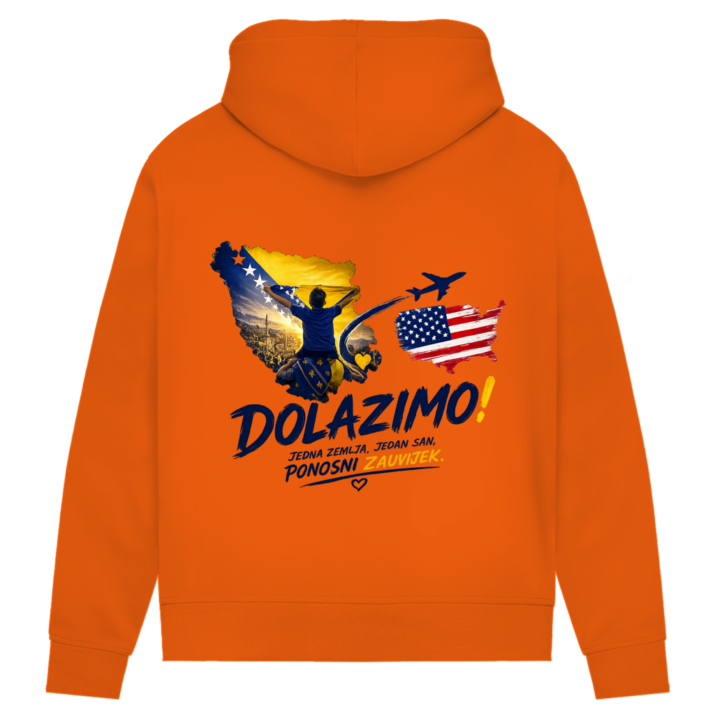 Ženski Premium organski duks – Dolazi Bosna Ponosna | Print na leđima