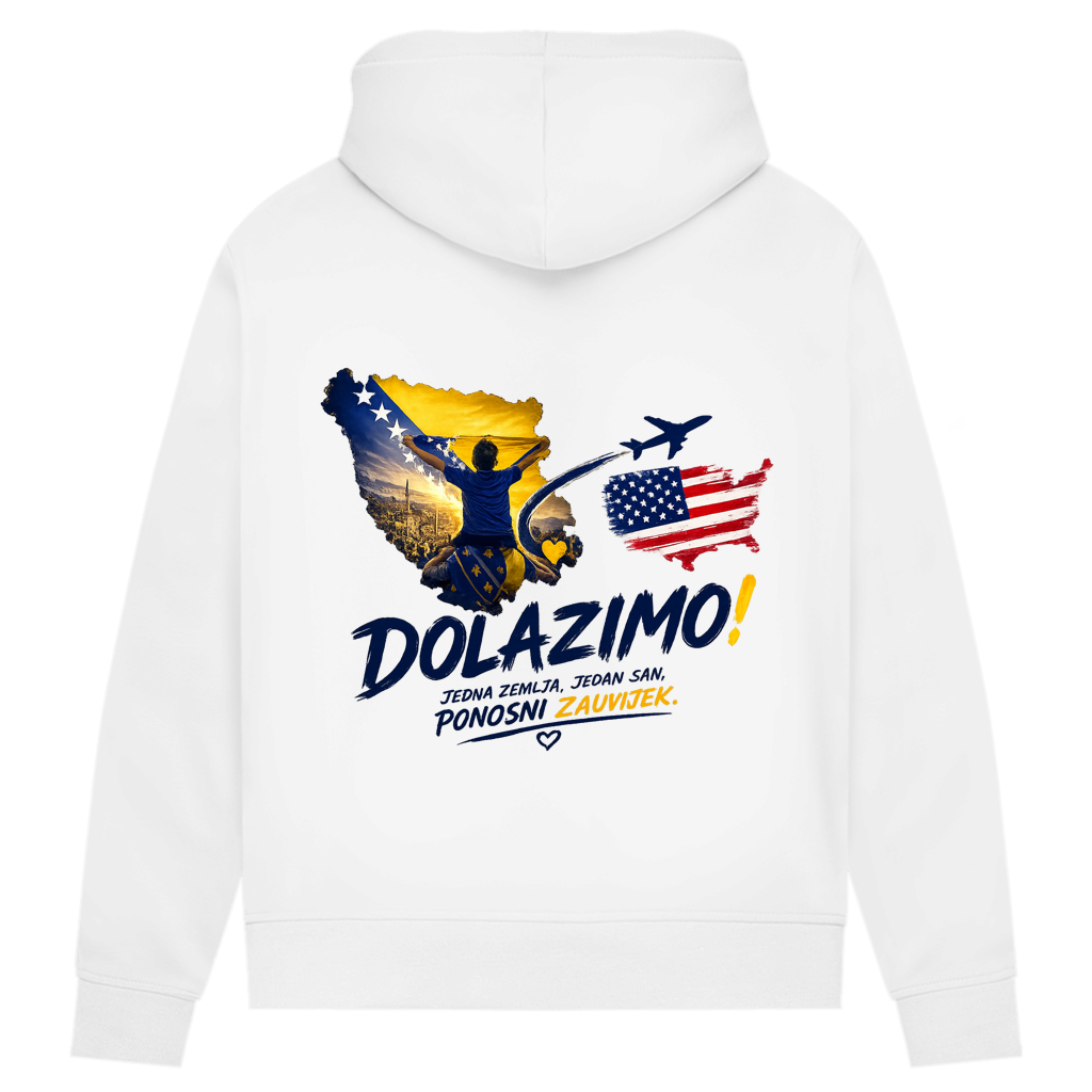 Ženski Premium organski duks – Dolazi Bosna Ponosna | Print na leđima