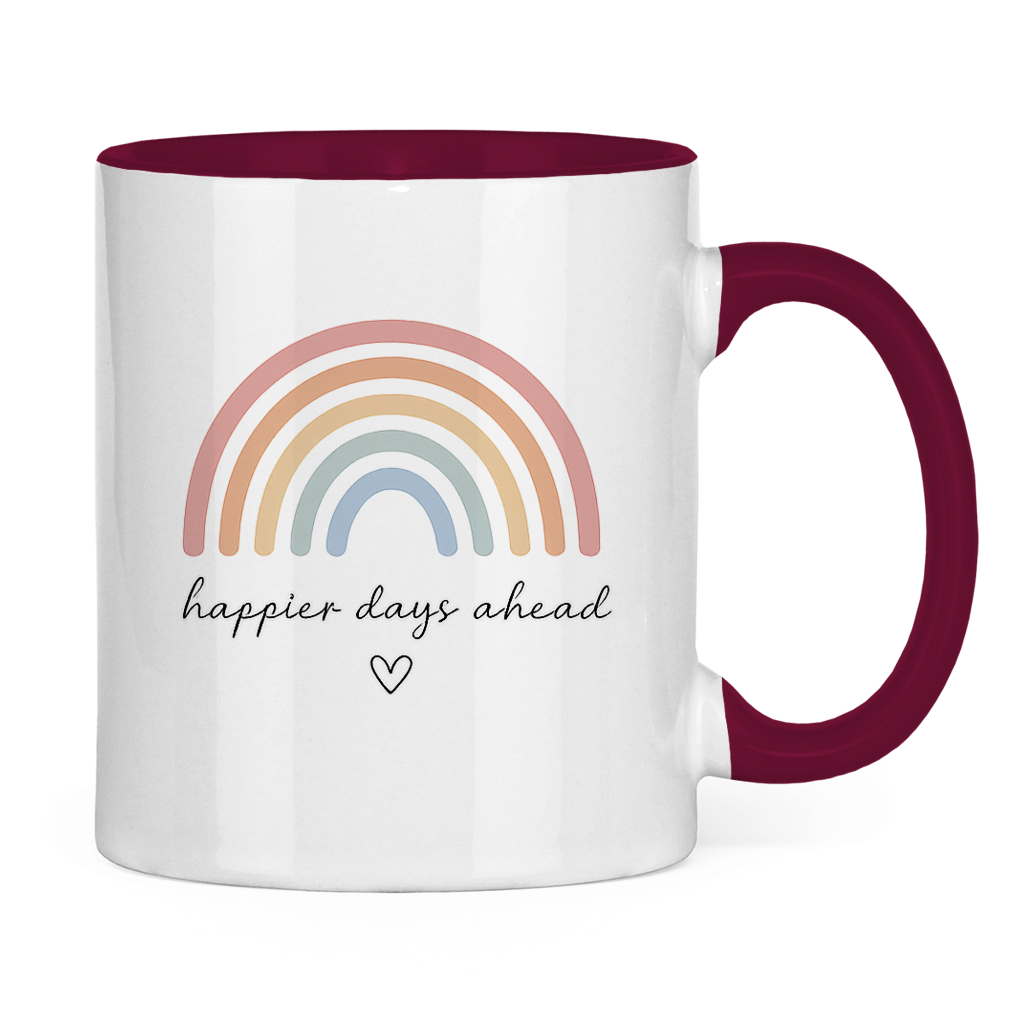 Tasse „Happier Days Ahead“ – Zweifarbige Keramiktasse mit Rainbow Design & positivem Motiv