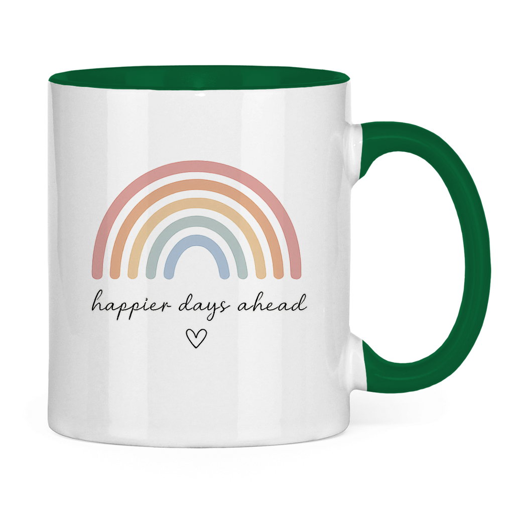 Tasse „Happier Days Ahead“ – Zweifarbige Keramiktasse mit Rainbow Design & positivem Motiv
