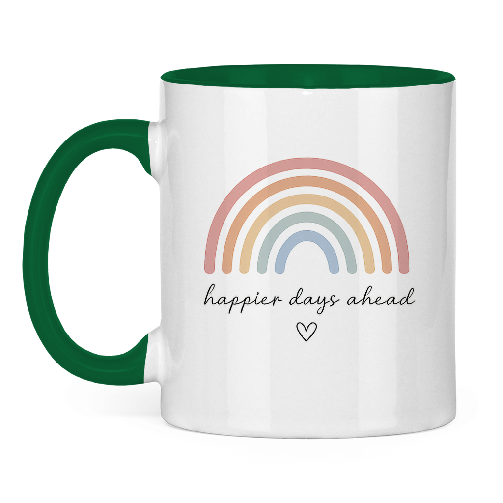 Tasse „Happier Days Ahead“ – Zweifarbige Keramiktasse mit Rainbow Design & positivem Motiv
