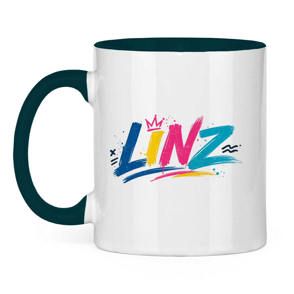 Zweifarbige LINZ Graffiti Tasse – Austria Street Vibes | Urban Österreich Keramiktasse