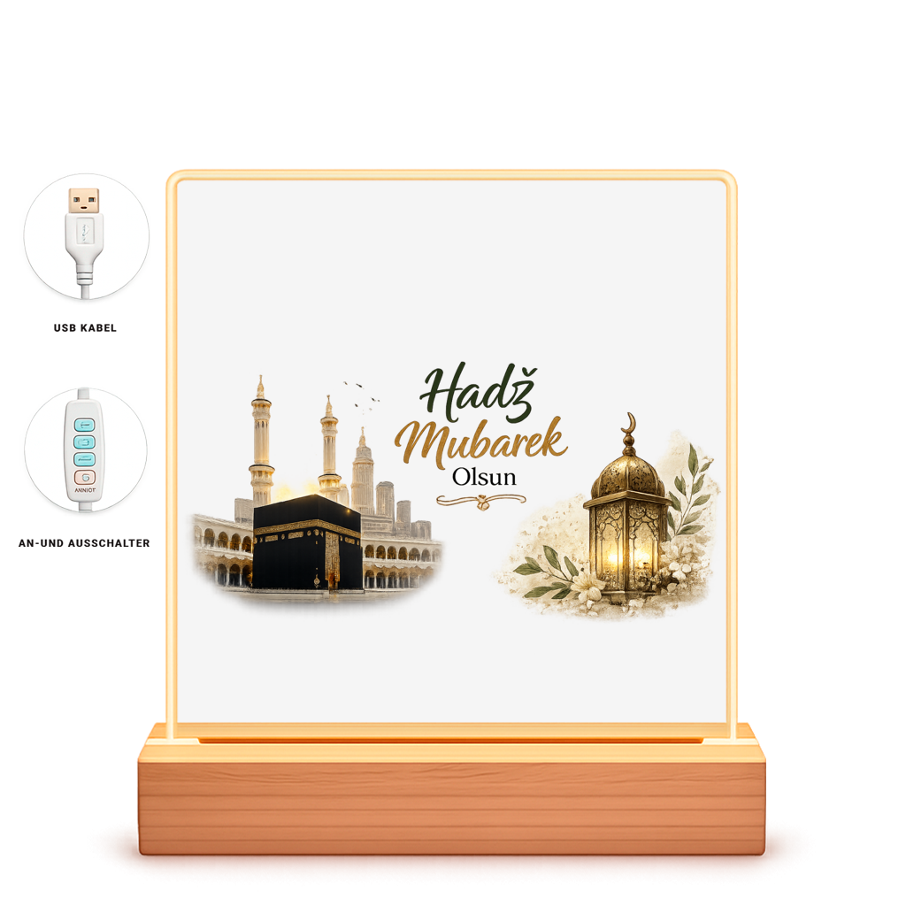 🇧🇦 LED Bilderrahmen „Hadž Mubarek Olsun“ – Islamische LED Dekoration mit Kaaba & Laternen Design