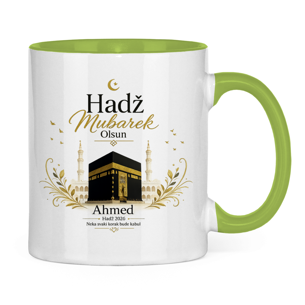 Prilagodljiva šolja „Hadž Mubarek Olsun“ – Islamska keramička šolja s imenom i slikom Kabe