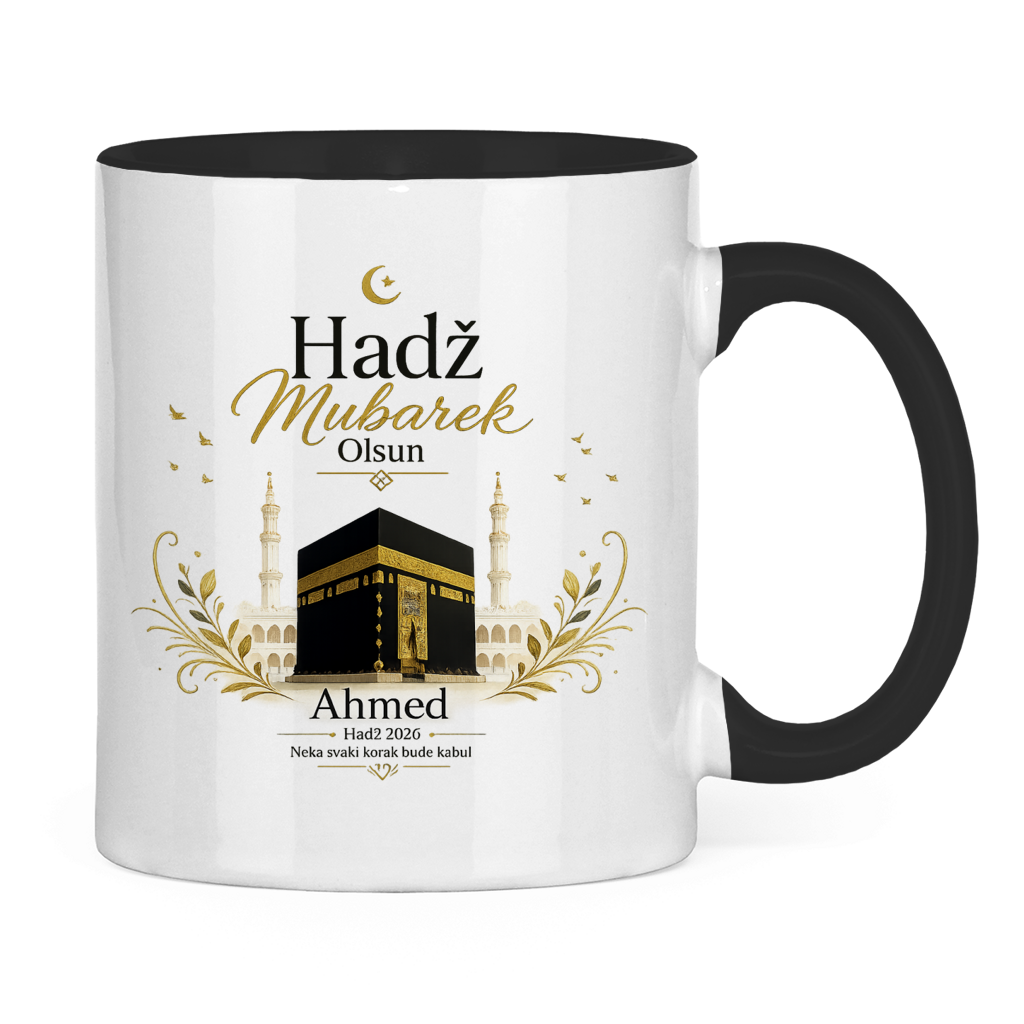 Prilagodljiva šolja „Hadž Mubarek Olsun“ – Islamska keramička šolja s imenom i slikom Kabe