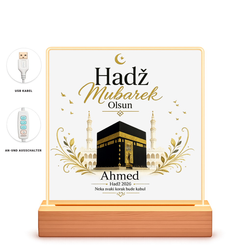 Personalisierbarer LED Bilderrahmen „Hadž Mubarek Olsun“ – Islamische Dekoration mit Kaaba