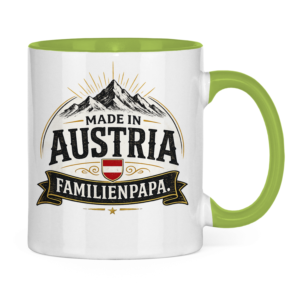 Zweifarbige Tasse „Made in Austria – Familien Papa“ | Lustiges Vatertag Geschenk