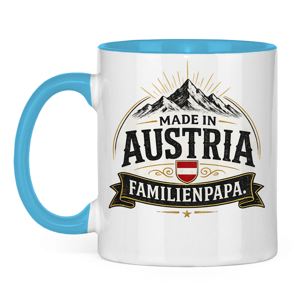 Zweifarbige Tasse „Made in Austria – Familien Papa“ | Lustiges Vatertag Geschenk