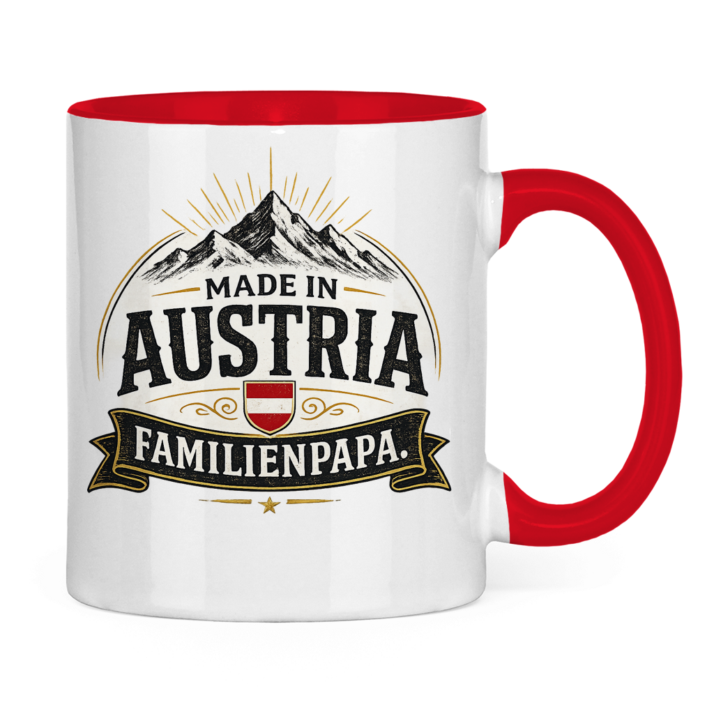 Zweifarbige Tasse „Made in Austria – Familien Papa“ | Lustiges Vatertag Geschenk
