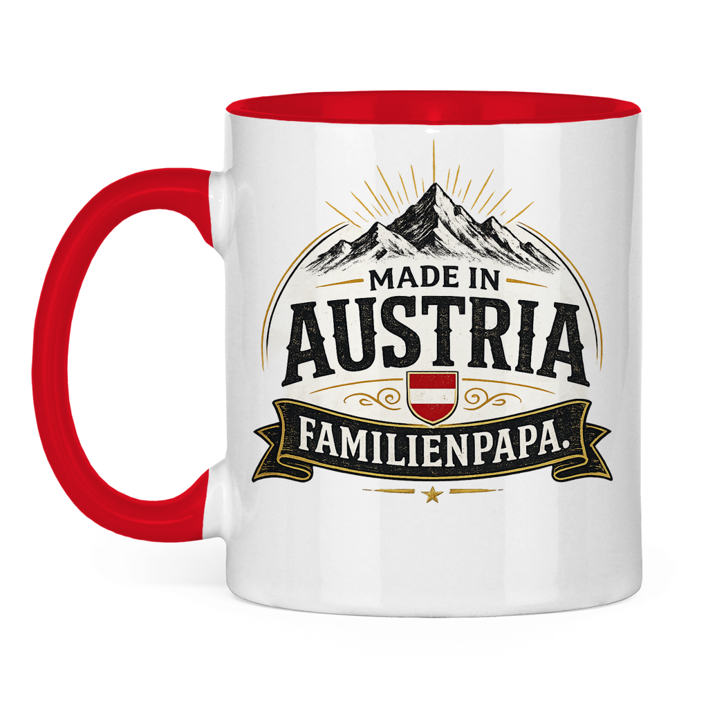 Zweifarbige Tasse „Made in Austria – Familien Papa“ | Lustiges Vatertag Geschenk