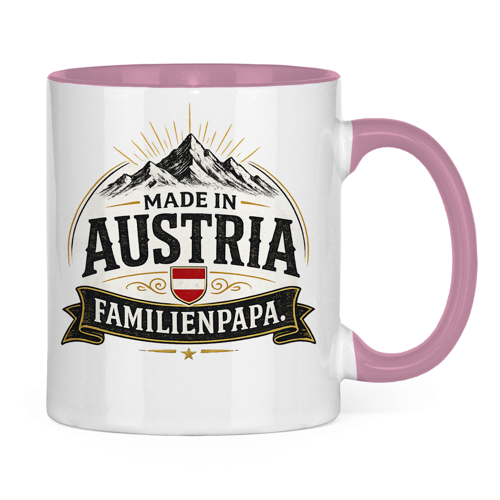 Zweifarbige Tasse „Made in Austria – Familien Papa“ | Lustiges Vatertag Geschenk