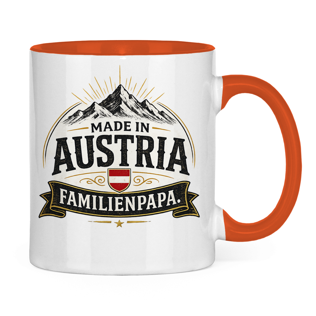 Zweifarbige Tasse „Made in Austria – Familien Papa“ | Lustiges Vatertag Geschenk