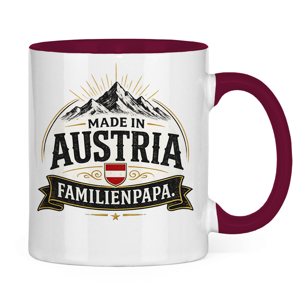 Zweifarbige Tasse „Made in Austria – Familien Papa“ | Lustiges Vatertag Geschenk