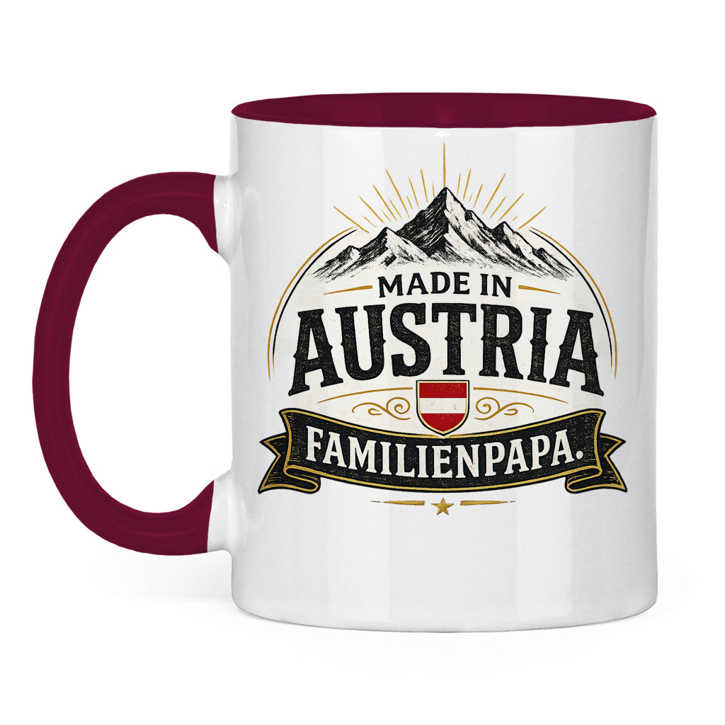 Zweifarbige Tasse „Made in Austria – Familien Papa“ | Lustiges Vatertag Geschenk