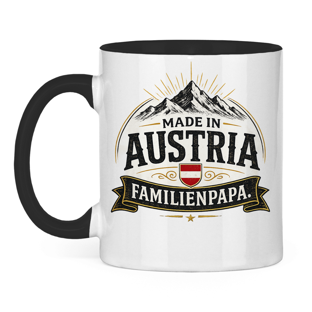 Zweifarbige Tasse „Made in Austria – Familien Papa“ | Lustiges Vatertag Geschenk
