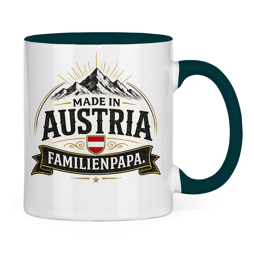 Zweifarbige Tasse „Made in Austria – Familien Papa“ | Lustiges Vatertag Geschenk