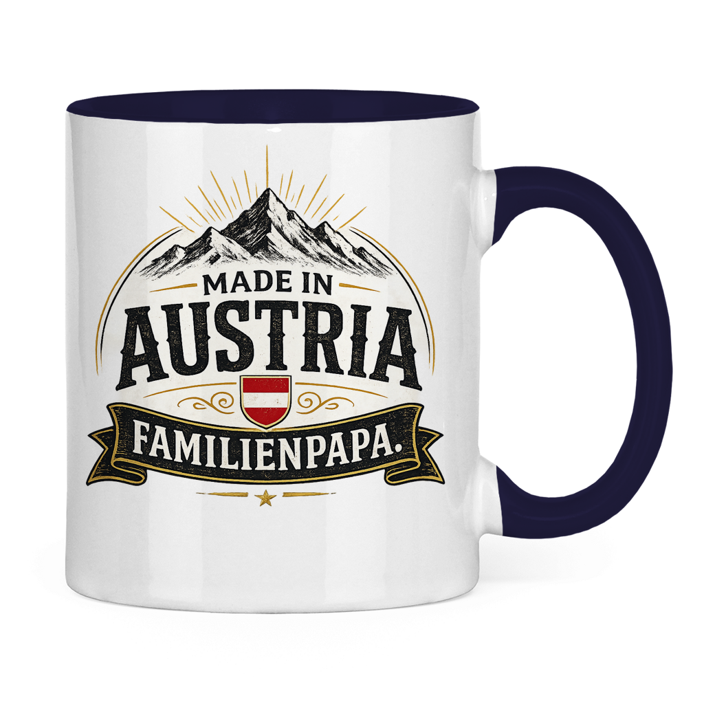 Zweifarbige Tasse „Made in Austria – Familien Papa“ | Lustiges Vatertag Geschenk