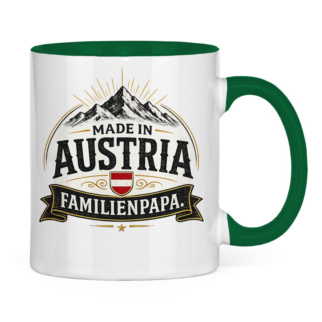 Zweifarbige Tasse „Made in Austria – Familien Papa“ | Lustiges Vatertag Geschenk