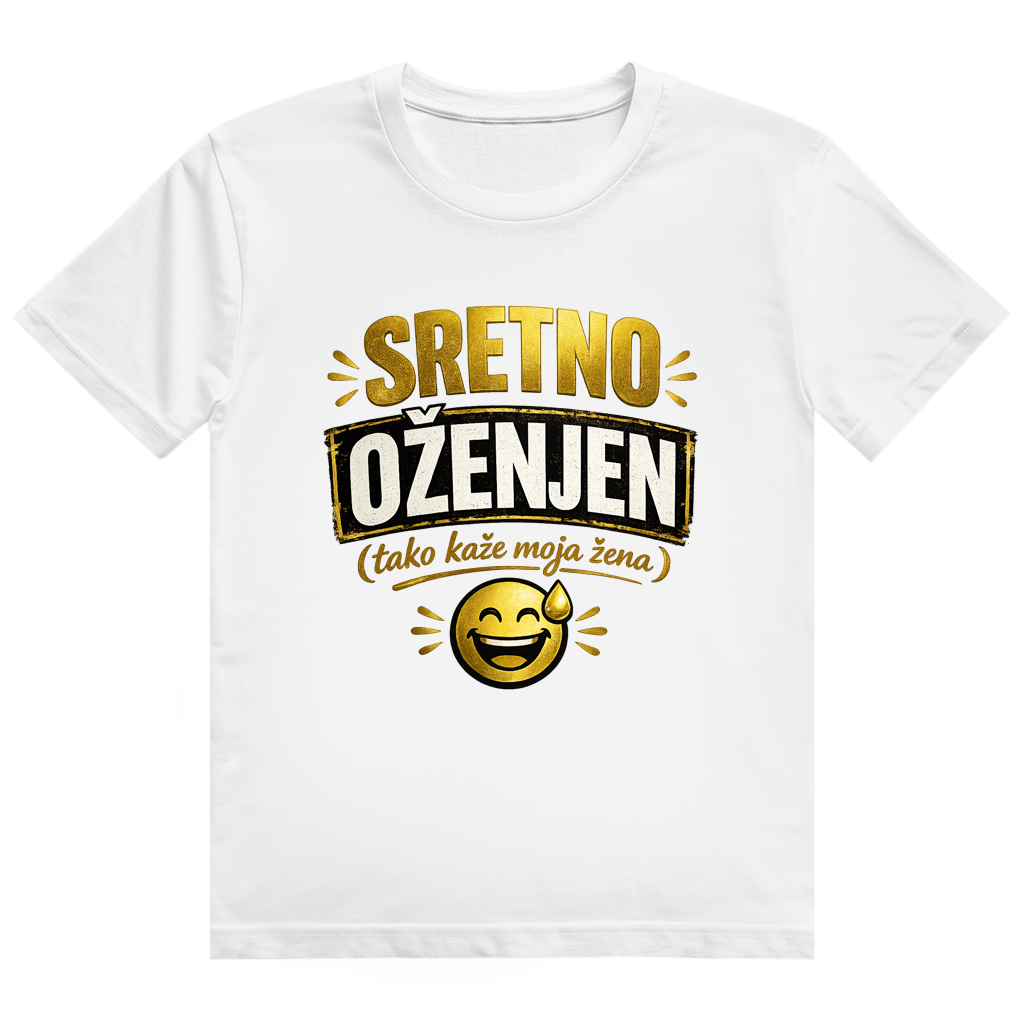 Herren Heavy Cotton T-Shirt Sretno Oženjen Gold Smiley