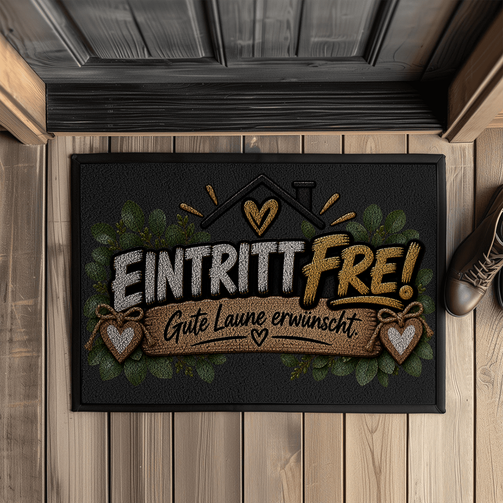 Fußmatte „Eintritt frei – Gute Laune erwünscht“ mit Gummirand