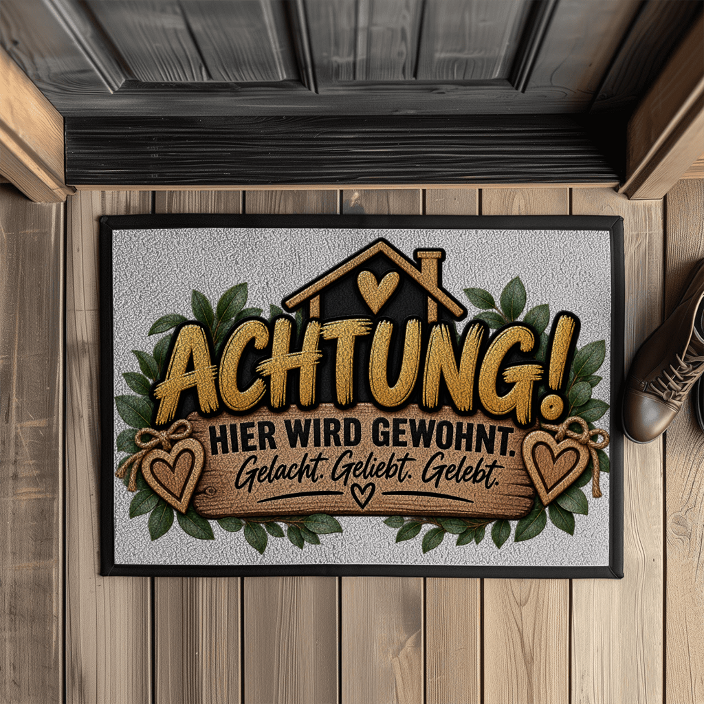 Fußmatte „Achtung! Hier wird gewohnt“ mit Gummirand