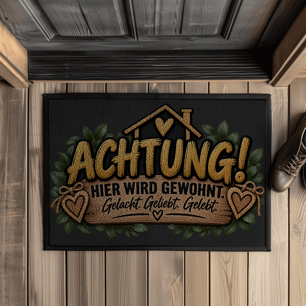 Fußmatte „Achtung! Hier wird gewohnt“ mit Gummirand