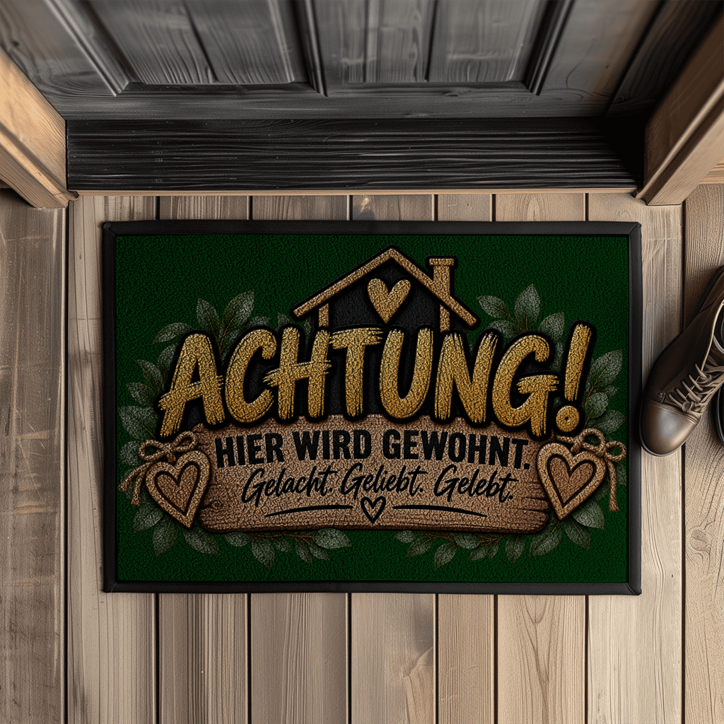Fußmatte „Achtung! Hier wird gewohnt“ mit Gummirand