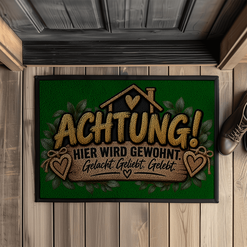 Fußmatte „Achtung! Hier wird gewohnt“ mit Gummirand