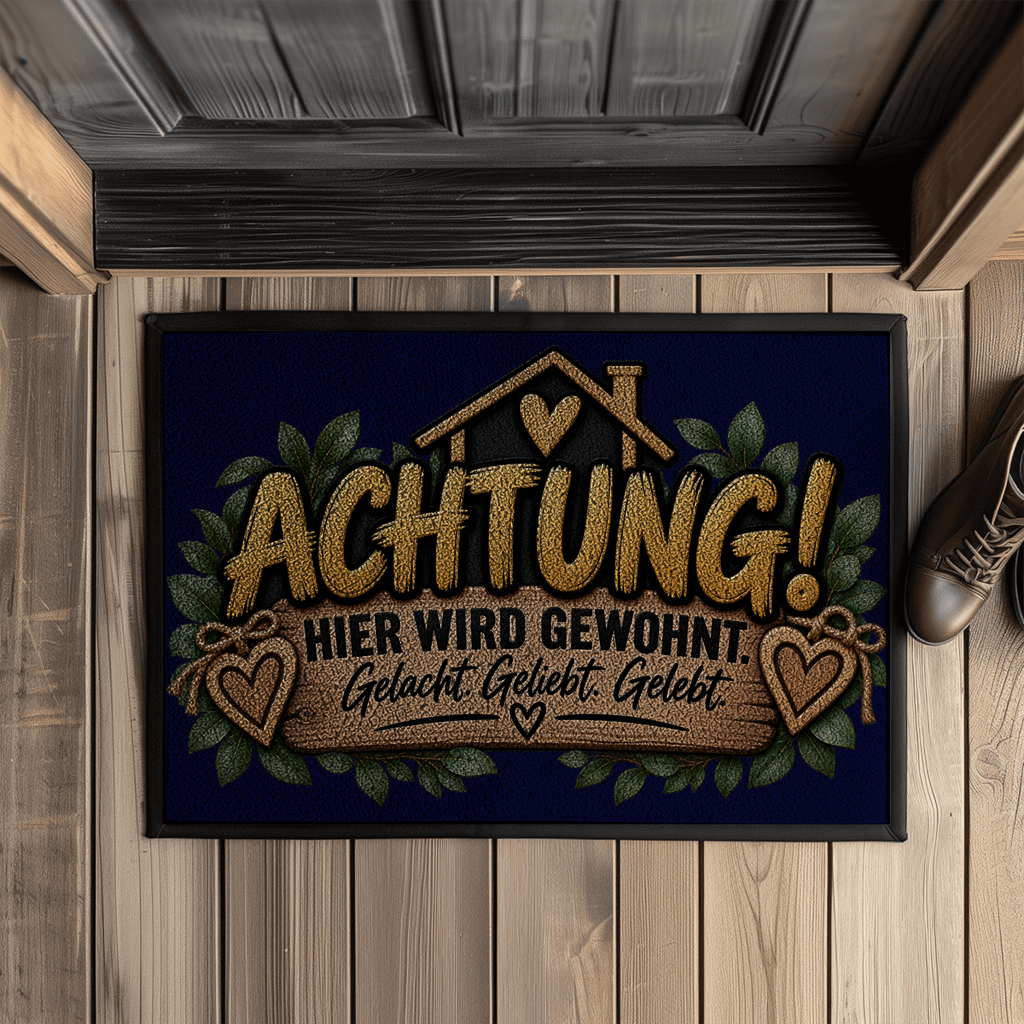 Fußmatte „Achtung! Hier wird gewohnt“ mit Gummirand
