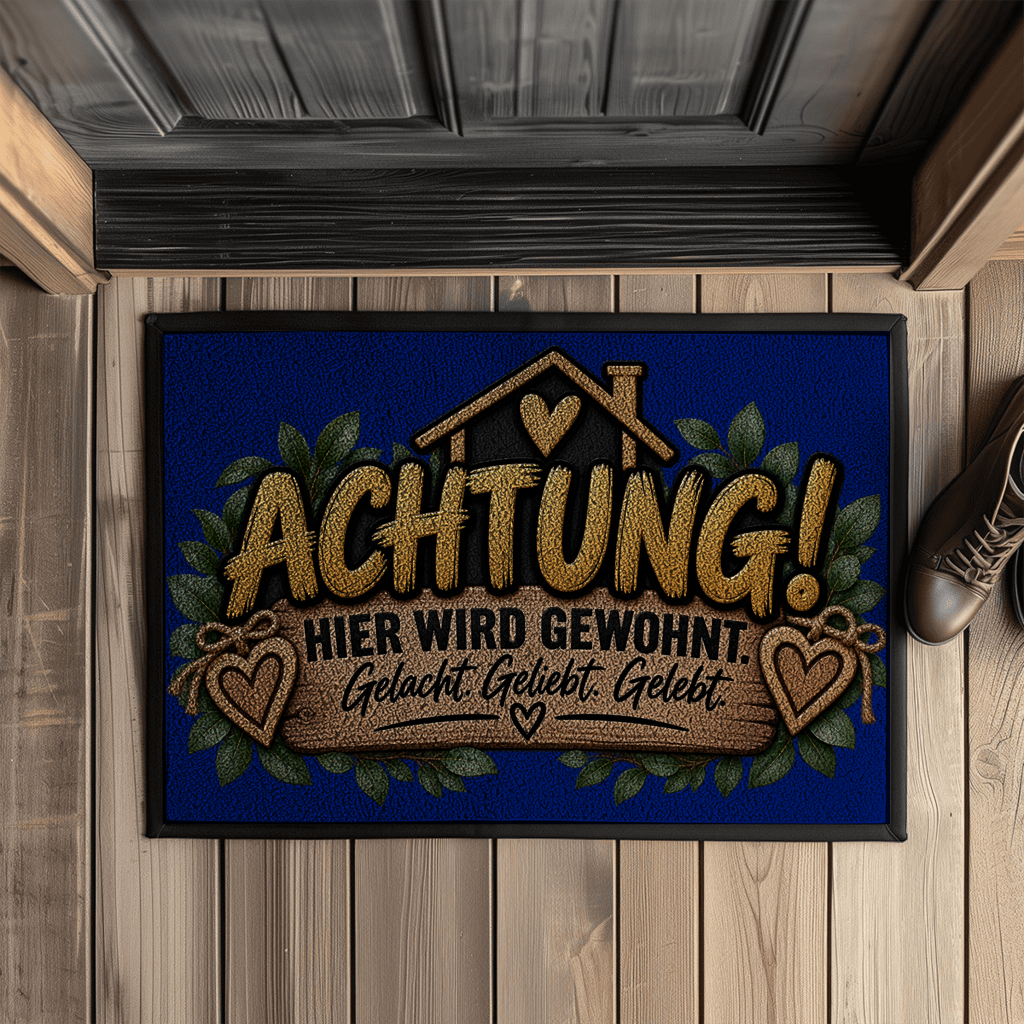 Fußmatte „Achtung! Hier wird gewohnt“ mit Gummirand