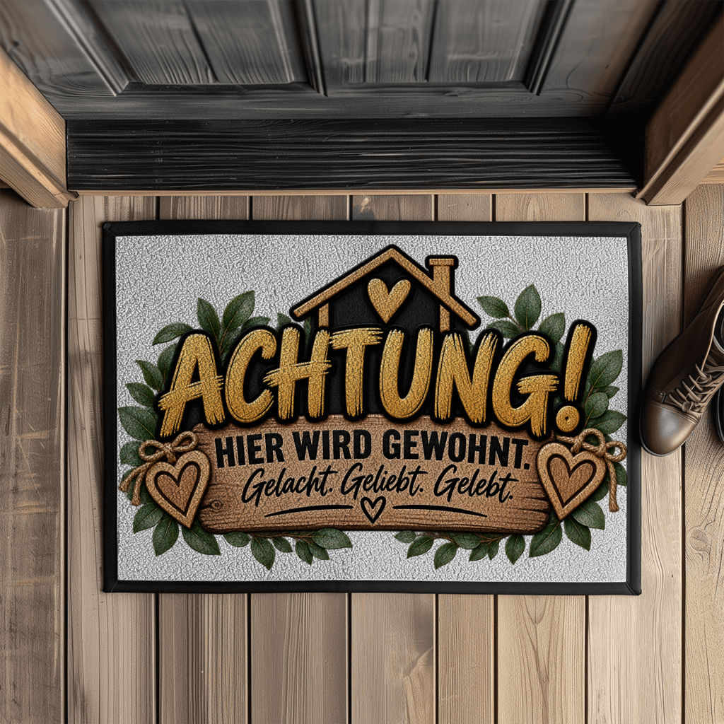 Fußmatte „Achtung! Hier wird gewohnt“ mit Gummirand