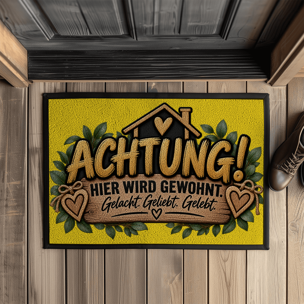 Fußmatte „Achtung! Hier wird gewohnt“ mit Gummirand