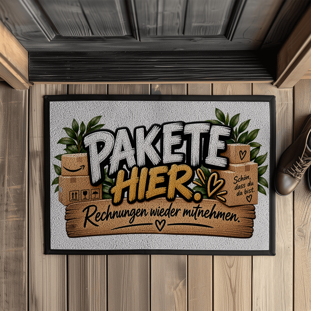 Fußmatte „Pakete hier – Rechnungen wieder mitnehmen“ mit Gummirand