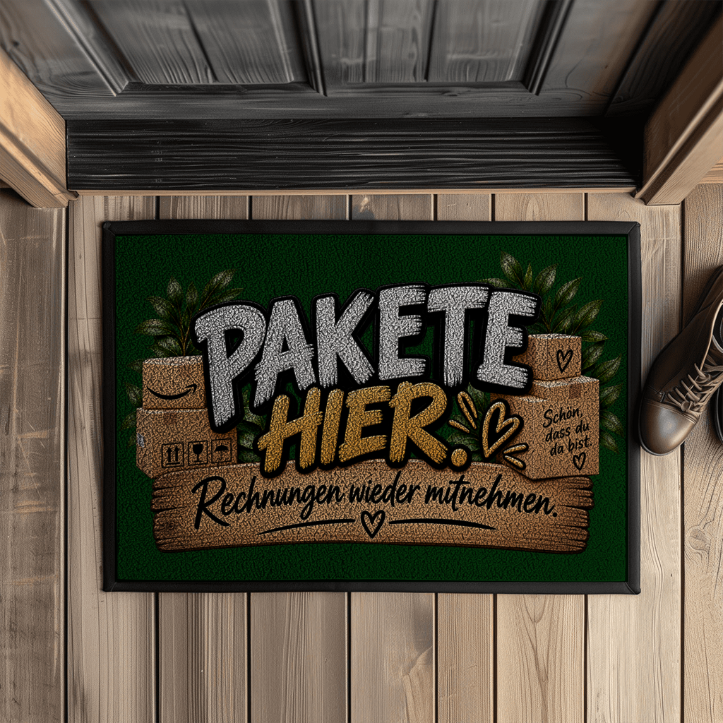 Fußmatte „Pakete hier – Rechnungen wieder mitnehmen“ mit Gummirand