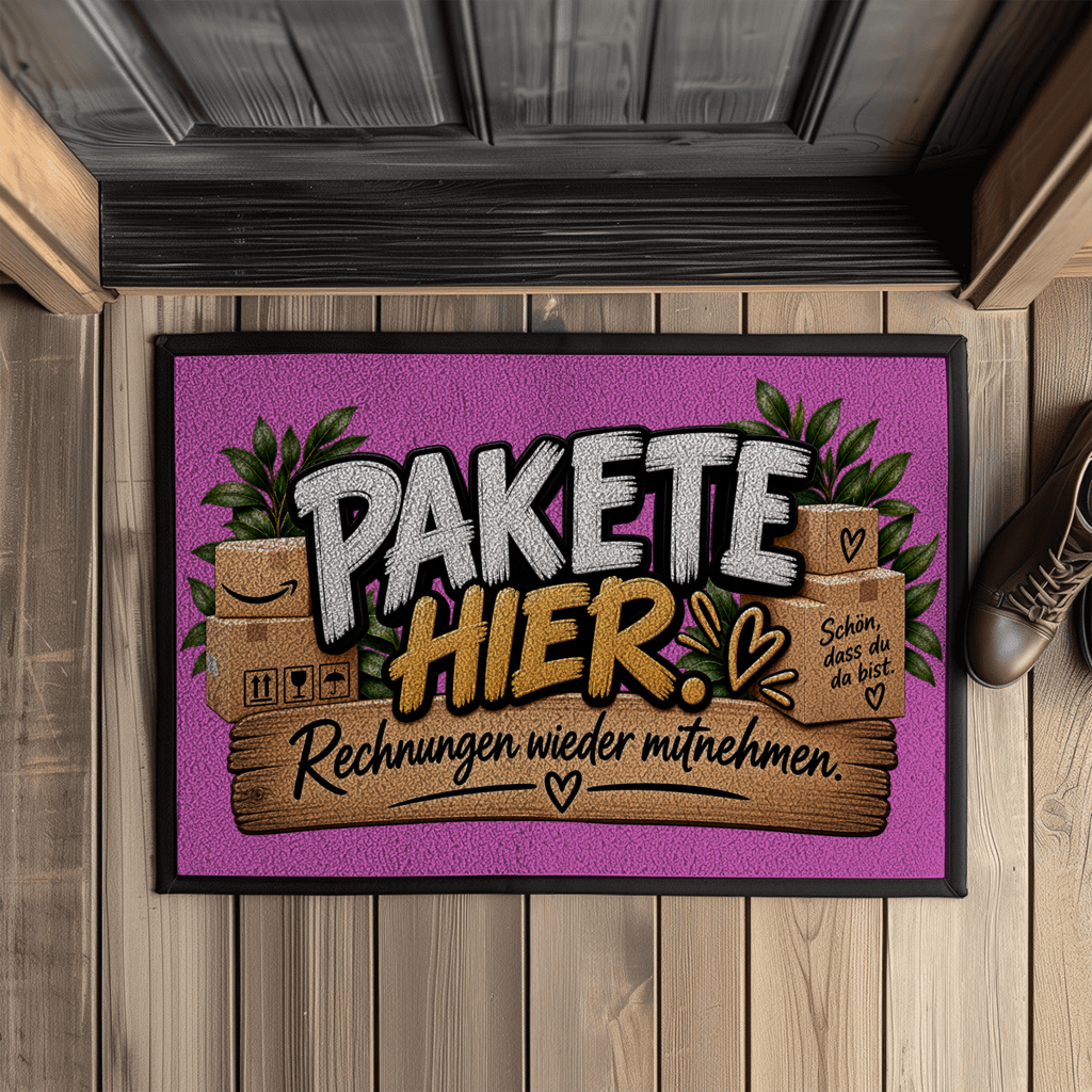 Fußmatte „Pakete hier – Rechnungen wieder mitnehmen“ mit Gummirand