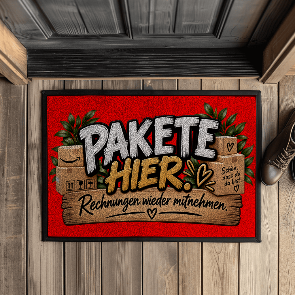 Fußmatte „Pakete hier – Rechnungen wieder mitnehmen“ mit Gummirand