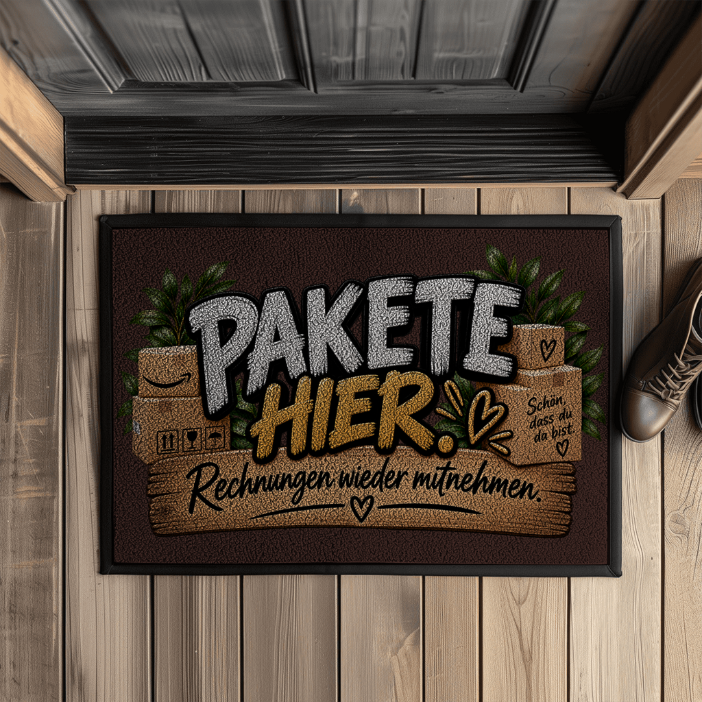 Fußmatte „Pakete hier – Rechnungen wieder mitnehmen“ mit Gummirand