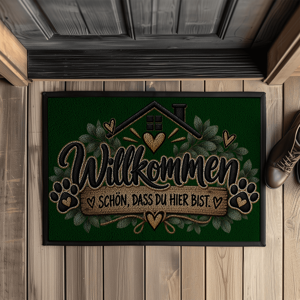 Fußmatte „Willkommen – Schön, dass du hier bist“ mit Pfoten & Gummirand