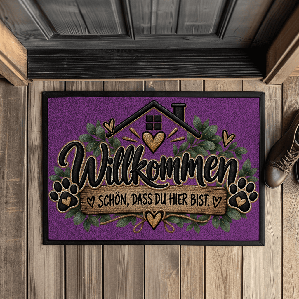 Fußmatte „Willkommen – Schön, dass du hier bist“ mit Pfoten & Gummirand
