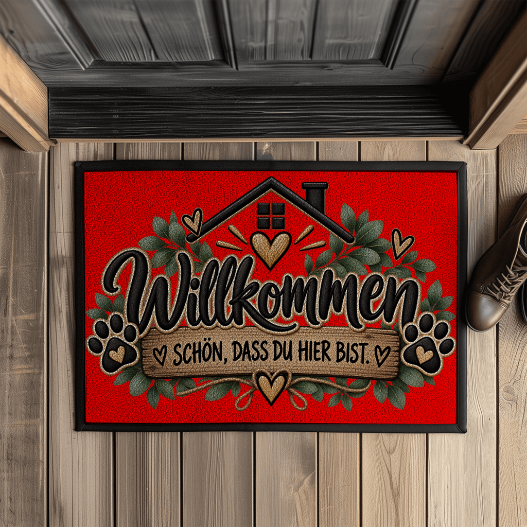 Fußmatte „Willkommen – Schön, dass du hier bist“ mit Pfoten & Gummirand