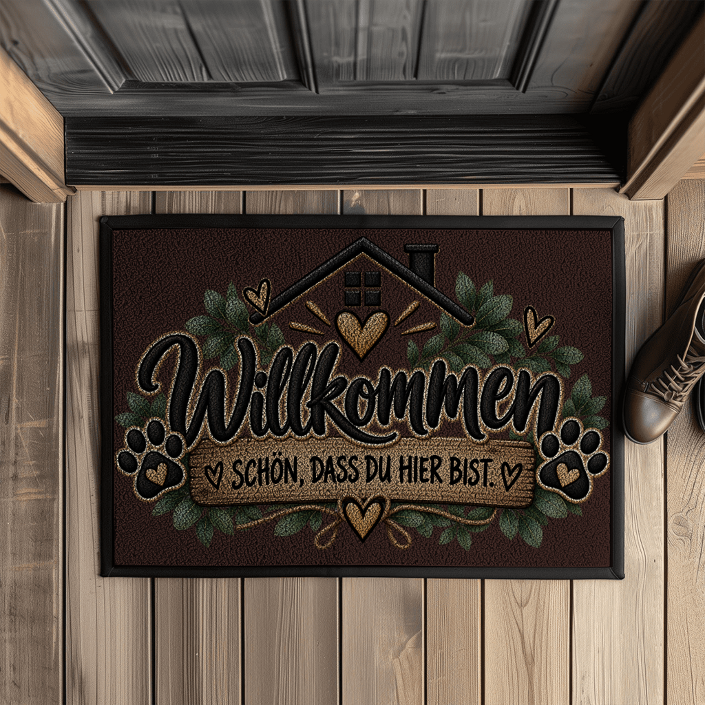Fußmatte „Willkommen – Schön, dass du hier bist“ mit Pfoten & Gummirand