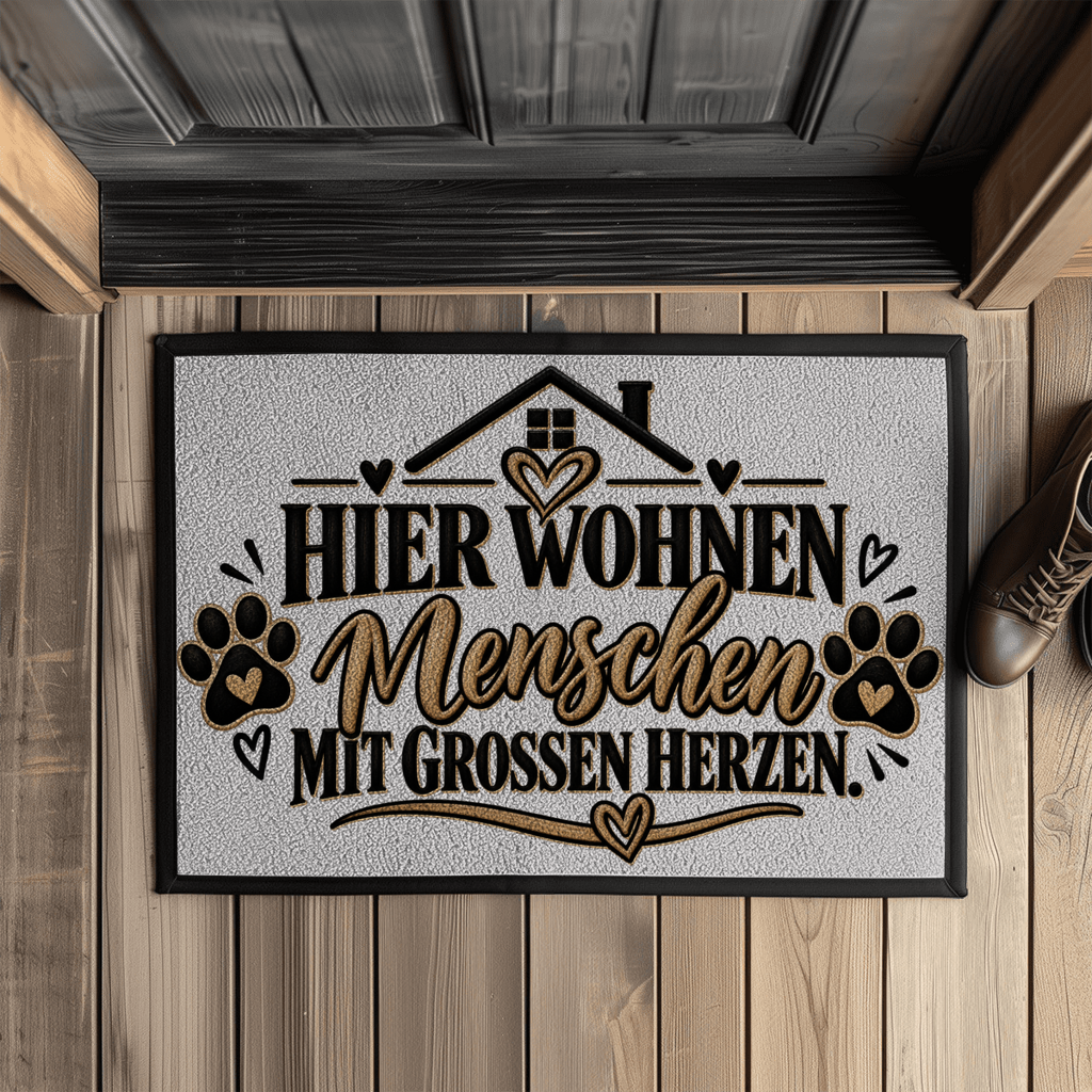 Fußmatte „Hier wohnen Menschen mit großen Herzen“ mit Pfoten