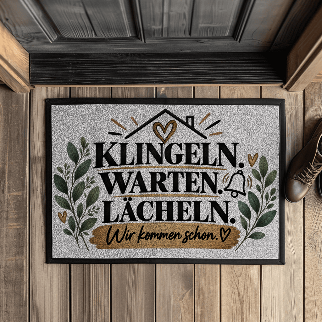 Fußmatte „Klingeln. Warten. Lächeln. Wir kommen schon.“ mit Gummirand