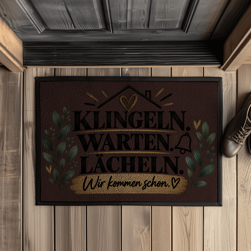Fußmatte „Klingeln. Warten. Lächeln. Wir kommen schon.“ mit Gummirand