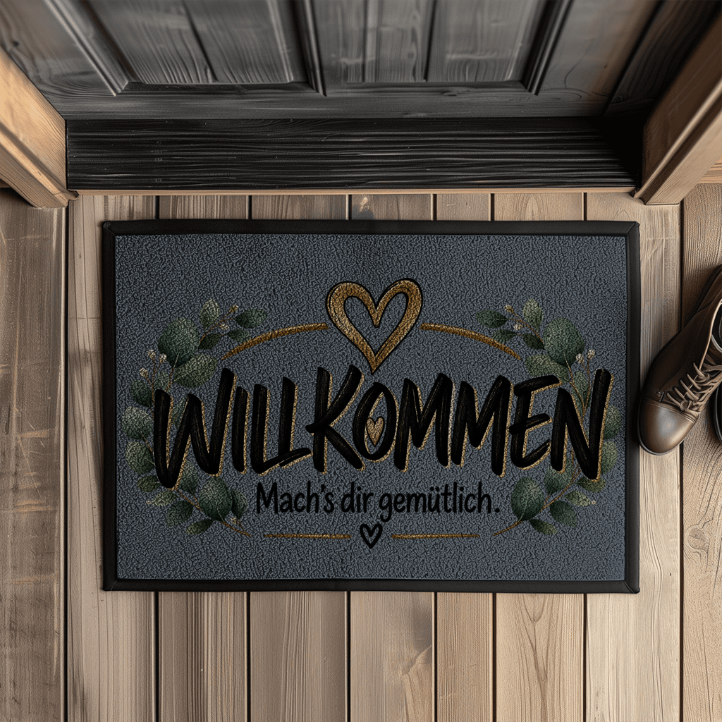 Fußmatte „Willkommen – Mach’s dir gemütlich“ mit Gummirand