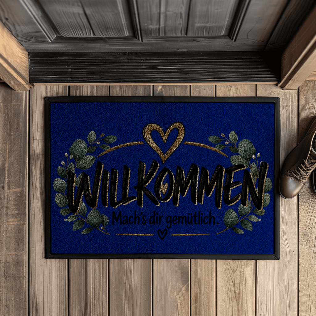 Fußmatte „Willkommen – Mach’s dir gemütlich“ mit Gummirand