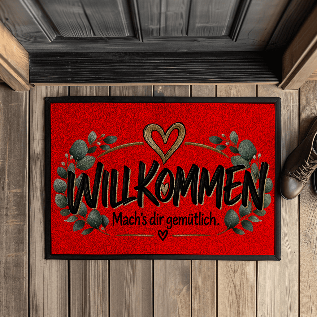 Fußmatte „Willkommen – Mach’s dir gemütlich“ mit Gummirand