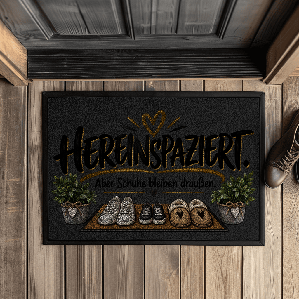 Fußmatte „Hereinspaziert – Aber Schuhe bleiben draußen“ mit Gummirand